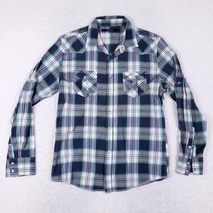 BKE Black Western Plaid Pearl Snap Shirt Medium Blue